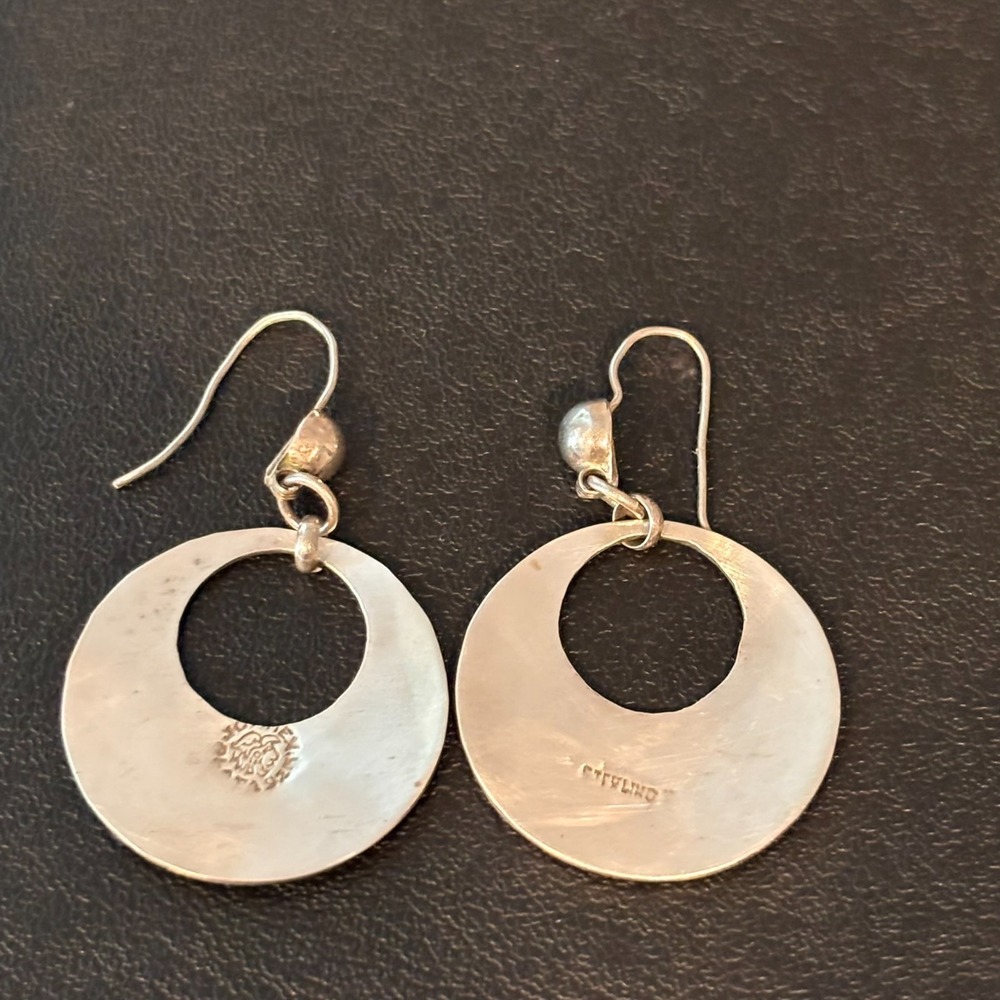 Vintage Signed Taxco Mexico Sterling SIlver Turquoise Inlaid Dangle Earrings - Picture 6 of 8